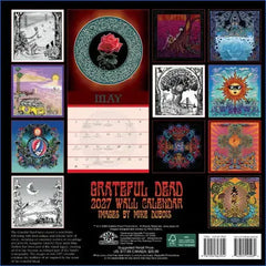 Grateful Dead 2027 Wall Calendar back cover, featuring a black background with a grid of colorful Grateful Dead-themed artwork panels and a central May calendar page preview. Visible text includes the title 'Grateful Dead 2027 Wall Calendar' and artist credit to Mike Dubois.