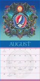 Vibrant psychedelic august page of the official grateful dead 2027 wall calendar featuring red and blue skull design