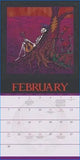 A vibrant purple and orange february page in the official grateful dead 2027 wall calendar with a skeleton playing guitar