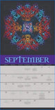 A vibrant official grateful dead wall calendar page for September with symmetrical red and blue fractal mandala patterns