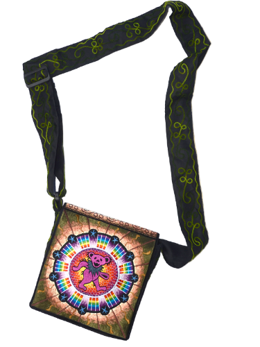 Crossbody bag with colorful tie-dye design and bear graphic on a beige background