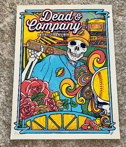 Colorful poster of a skeleton wearing a cap with 'Dead & Company' branding on a textured surface.