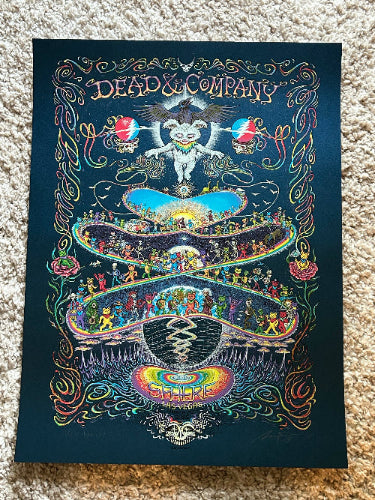 Colorful poster with intricate designs and text on a textured surface