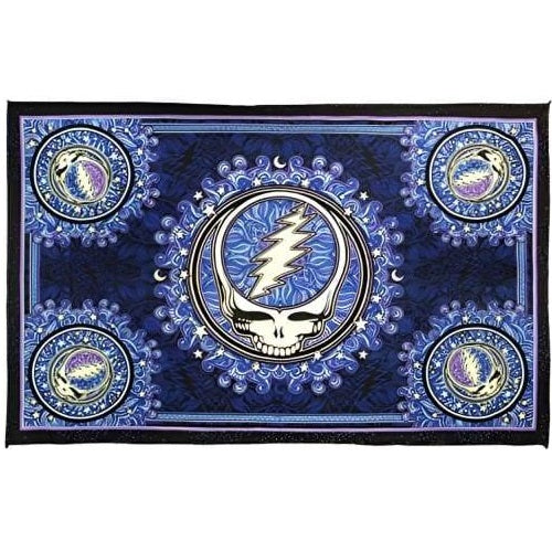 Tapestry with Grateful Dead logo on a blue background