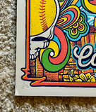 Colorful graphic design with a skull, flowers, and text on a textured surface