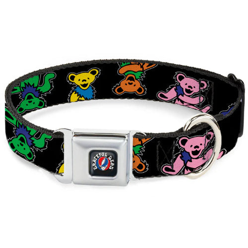 Dog collar with colorful bear pattern and Grateful Dead logo on a white background