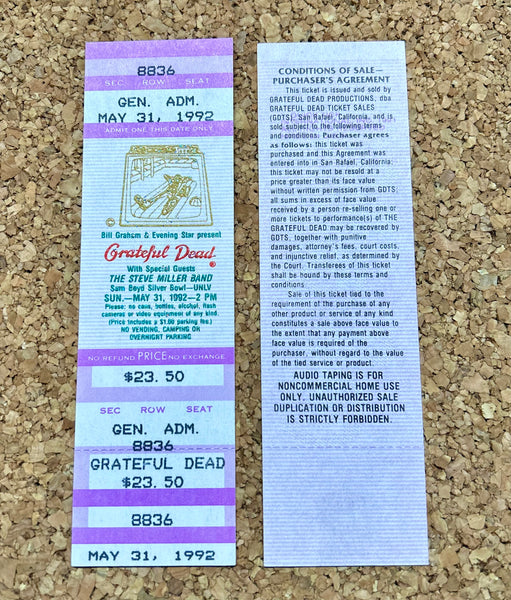 Grateful Dead - Entrada para concierto de pedido por correo vintage de 1992 sin usar