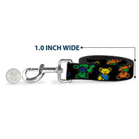 Dog leash with colorful bear designs and measurement label on a white background
