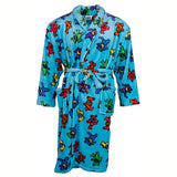Blue robe with colorful bear pattern on a white background