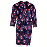 Navy blue robe with red and white skull pattern on a white background