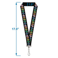 Lanyard with colorful star designs on a black background, showing measurements.