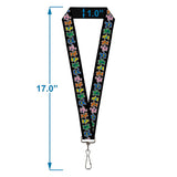 Lanyard with colorful star designs on a black background, showing measurements.