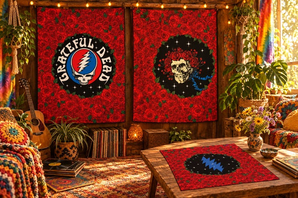 red floral roses tapestry with grateful dead skull and lightning bolt design hanging in a bohemian room