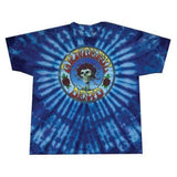 Blue tie-dye t-shirt with Grateful Dead logo on a white background