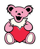 Pink bear holding a red heart on a white background