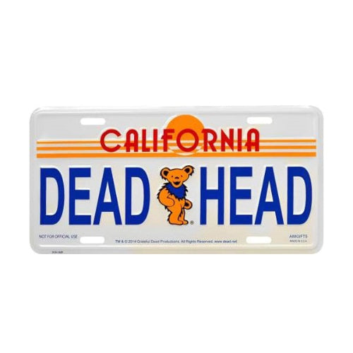 License plate with 'California Dead Head' text and bear graphic on a white background