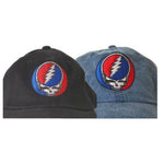 Two baseball caps with a common logo on a white background