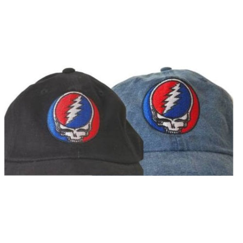 Two baseball caps with a common logo on a white background
