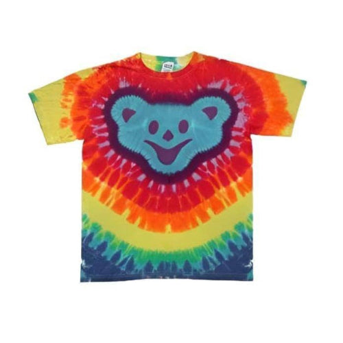 Tie-dye t-shirt with a bear face design on a white background