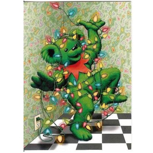Decorative wall art with a green dinosaur surrounded by colorful lights on a patterned background.