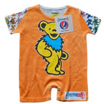 Orange baby romper with Grateful Dead bear design on a white background