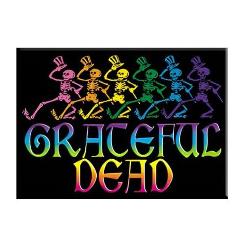 Colorful skeleton illustration with 'Grateful Dead' text on a black background