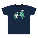 Navy blue t-shirt with a graphic of two turtles holding hands on a white background