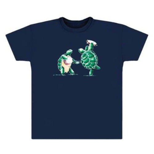 Navy blue t-shirt with a graphic of two turtles holding hands on a white background