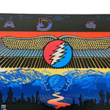 Colorful graphic with wings, circle, and mountain silhouette on a black background