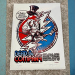 Concert poster artwork featuring a dancing skeleton in a top hat with red, white and blue color scheme.