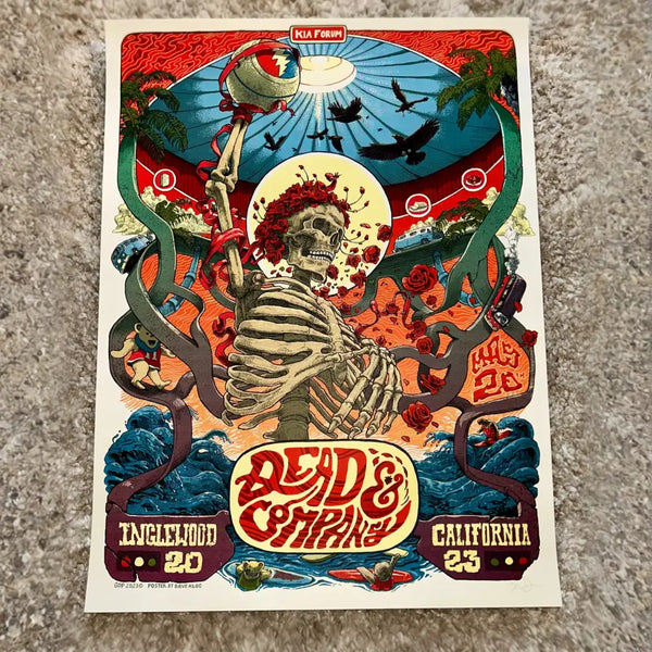 Psychedelic concert poster featuring a dancing skeleton wearing a striped shirt against a colorful backdrop.