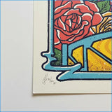 Vibrant red rose illustration with bold black outlines on textured yellow background for citifield official grateful dead merchandise poster