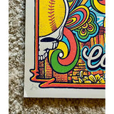 Colorful graphic design with a skull, flowers, and text on a textured surface