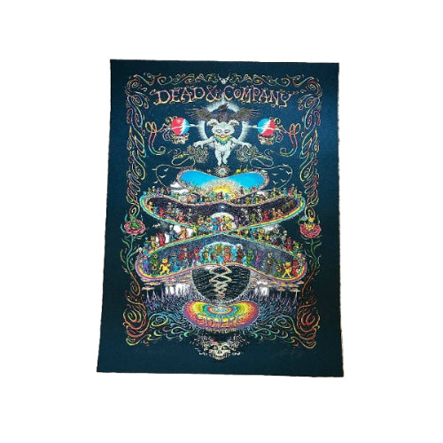 Colorful poster with intricate design and 'Dead & Company' branding on a textured surface.