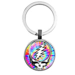 Keychain with tie-dye skull and lightning bolt design on a white background