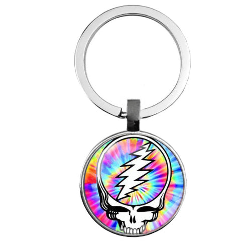 Keychain with tie-dye skull and lightning bolt design on a white background