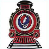 Red and black embroidered patch shaped like a train engine featuring the grateful dead logo with a blue skull, lightning bolt, and white circular design.