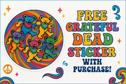 A vibrant grateful dead 2027 calendar sticker with six rainbow dancing bears on a swirling psychedelic background