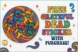 A vibrant grateful dead 2027 calendar sticker with six rainbow dancing bears on a swirling psychedelic background