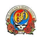 Pin with Grateful Dead logo and text on a textured surface