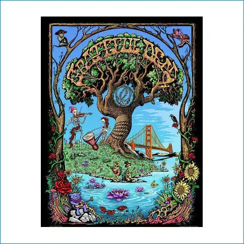 Grateful Dead 60th Anniversary Poster Art with skeletons playing music