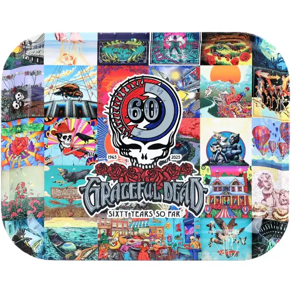 Colorful Grateful Dead-themed tray with collage design on a white background