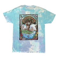 Tie-dye t-shirt with a colorful graphic design on a white background