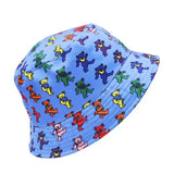 Colorful bucket hat with a pattern of cartoon dancing bears.