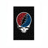 Skull with red and blue design on a black background