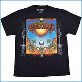 A black short-sleeve t-shirt with a large, colorful Grateful Dead graphic on the front, featuring a skull, sun, and psychedelic artwork. The brand 'Liquid Blue' is printed inside the collar.