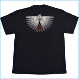 Black t-shirt with a detailed graphic design on the back against a white background
