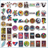 A collection of colorful, vibrant stickers featuring grateful dead-themed designs including the iconic dancing bear and lightning bolt motifs.
