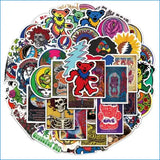 A vibrant collection of colorful, psychedelic stickers featuring iconic designs like the grateful dead’s dancing bear and lightning bolt.