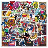 A vibrant collection of grateful dead-themed stickers featuring psychedelic designs, colorful characters like the dancing bear and skull, and iconic band logos in various hues.
